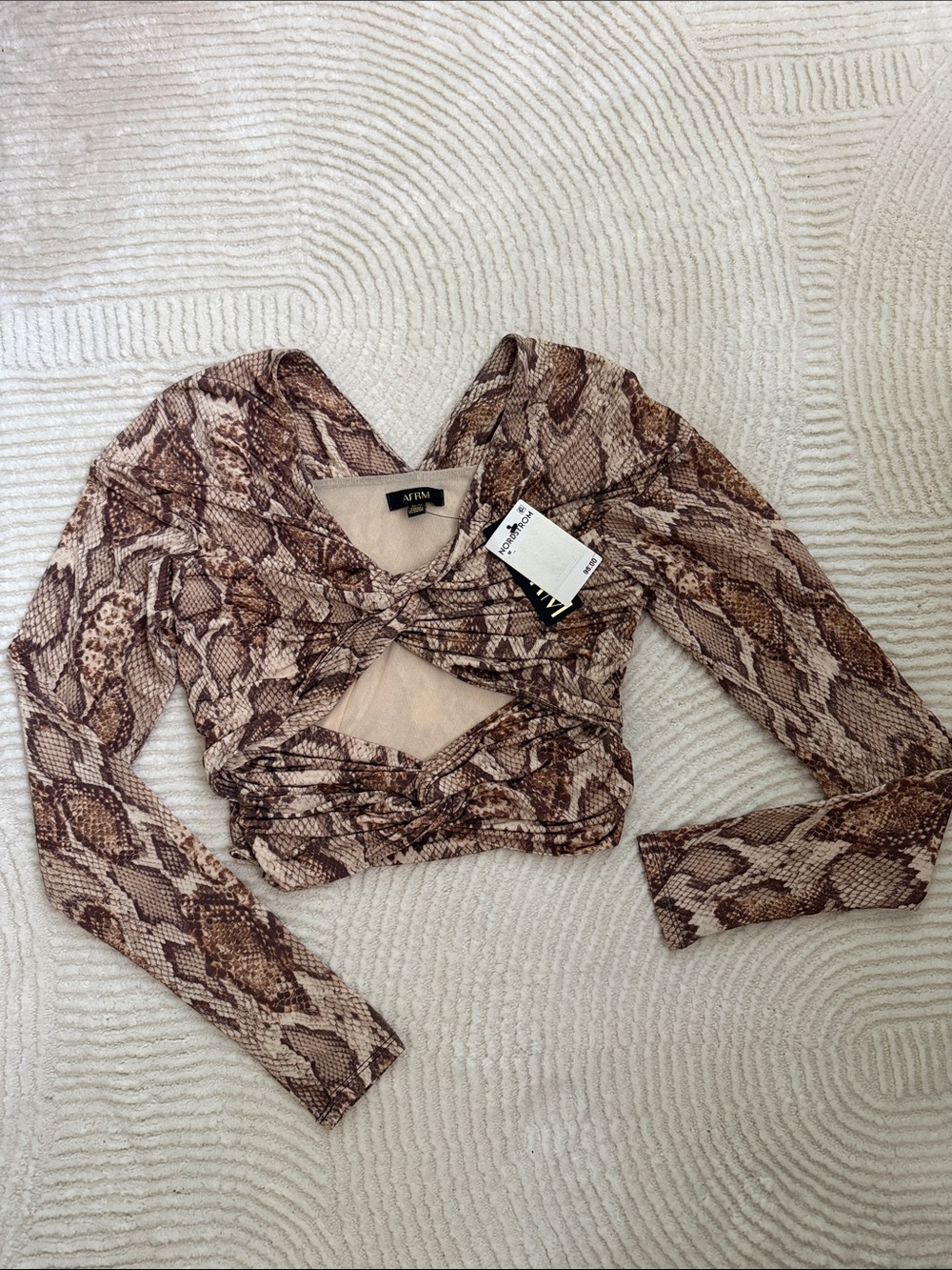 AFRM Brown Snake-Print Twist Front Long Sleeve Crop Top
